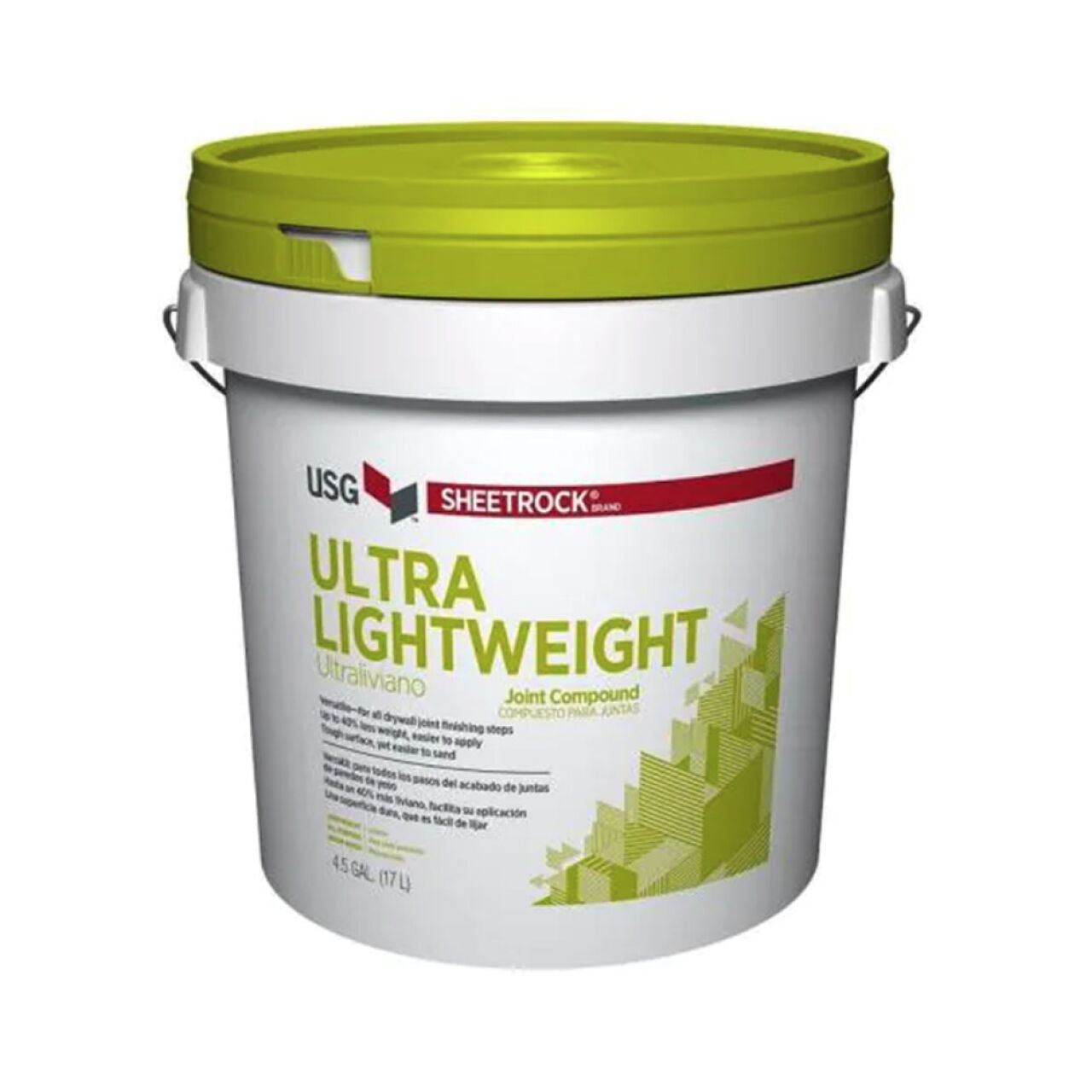A white bucket with a green lid labeled Go Build, The Fastest Way To Build 4.5 gal. UltraLightweight Ready-Mixed Joint Compound features green geometric graphics and bilingual English-Spanish text.